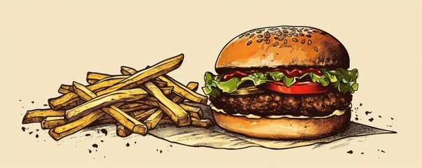 Wall Mural - Artistic sketch of a burger with lettuce, tomato, and cheese, accompanied by a pile of French fries. Classic fast-food illustration.