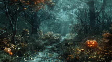 Wall Mural - Eerie Forest Path Halloween Digital Background Design