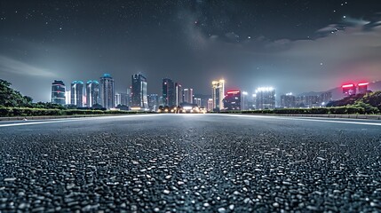 Wall Mural - Asphalt road and modern city skyline with buildings in Hangzhou at night : Generative AI