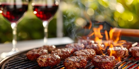 Wall Mural - Sizzling meats on the grill and wine at an outdoor BBQ party. Concept Summer BBQ Party, Grilling Techniques, Wine Pairing, Outdoor Entertaining, Sizzling Meats