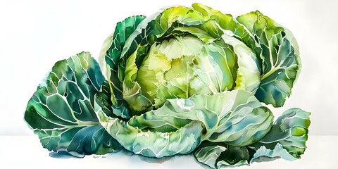 Freshness of napa cabbage captured in watercolor painting on white background. Concept Napa Cabbage Art, Watercolor Painting, Fresh Produce, White Background, Botanical Illustration