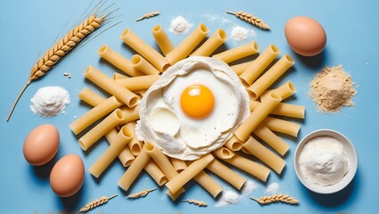 Wall Mural - Making pasta with flour and eggs, ingredients on table. Cooking concept. Flat lay, top view.
