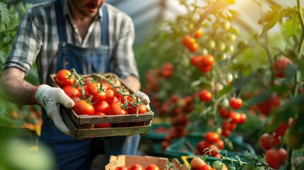 Farmer gathering ripe red tomatoes in a greenhouse Blank area for text