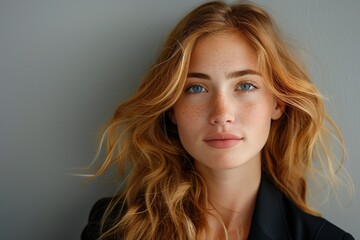 Wall Mural - Portrait of a Young Woman With Long Red Hair Against a Gray Background