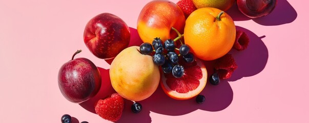 Wall Mural - Fresh citrus fruits, including oranges and grapefruits, beautifully sliced and displayed on a warm pink background, casting natural shadows. Free Copy space for text.