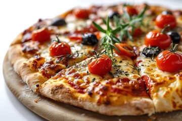 Wall Mural - Tasty Pizza out of Oven. Italian Sicilian Pizza Palermo Isolated on white Background with Copy Space. Space for text. Cheese Pull. Sliced pizza Palermo Isolated on white Background with copyspace.