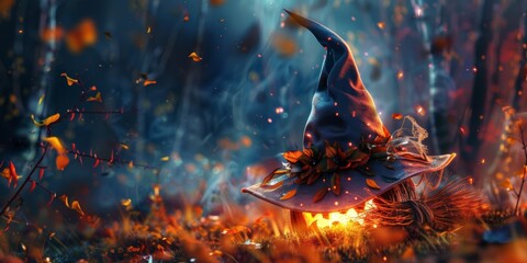 Poster - Halloween Witch Hat and Broom Background