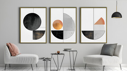 Set of three abstract posters with geometric shapes in gold frames