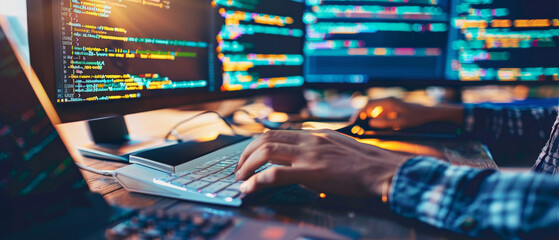 Wall Mural - person working on a computer, hands on the keyboard, surrounded by multiple monitors displaying line