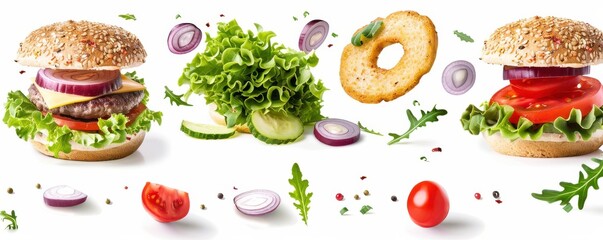 Wall Mural - Creative food photography of a delicious burger with flying ingredients such as lettuce, pickles, tomatoes, and onions, isolated on a clean white background.