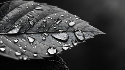 Aufkleber - water droplets on a leaf in black and white Leaf texture detail black and white low key effect : Generative AI