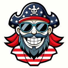 Wall Mural - Black and White Illustration of a Smiling Pirate Wearing Patriotic American Flag Sunglasses