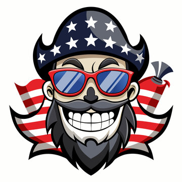 Black and White Illustration of a Smiling Pirate Wearing Patriotic American Flag Sunglasses