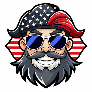 Black and White Illustration of a Smiling Pirate Wearing Patriotic American Flag Sunglasses