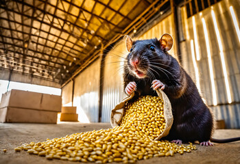 Wall Mural - Rat in farm barn house. Pests in agriculture.