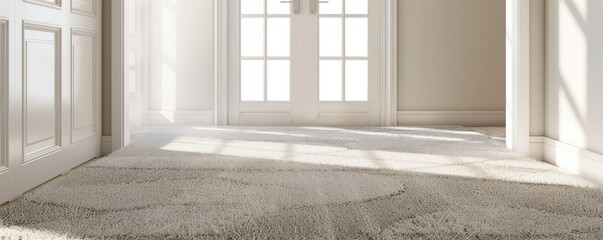 A white room with a carpeted floor and two white doors. The room is empty and the carpet is clean