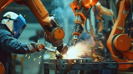 Fototapete - Engineer team service robot welding working in automation factory People worker in safety suit work robotic arm software programming or replacing part in automated manufacturing indust : Generative AI