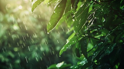 Aufkleber - raining shower drop on leaf tree close up of rainfall in jungleHeavy Rain Falling on Tree Leaves in forest droplets fixed on green leaves Raining day in tropical forest Raindrop in dee : Generative AI