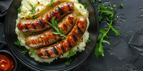 Wall Mural - Traditional British dish Bangers and Mash - Fried Sausages with Mashed Potatoes. Concept British cuisine, Bangers and Mash, Sausages, Mashed Potatoes, Comfort Food