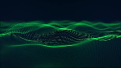 Wall Mural - looped background with green particle waves smoothly floating on a dark blue background with soft gl