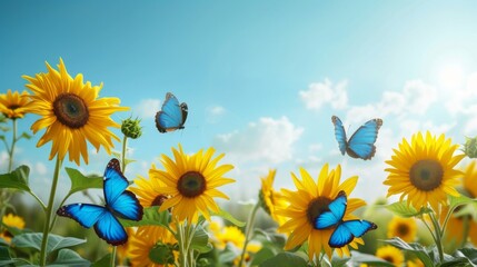 blooming sunflowers and blue butterflies against a blue sky