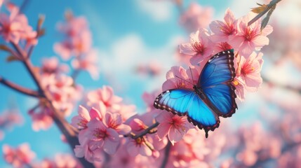 Canvas Print - Branch of blooming cherry blossom with a blue Morpho butterfly against a blue sky