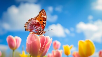 Poster - Morpho butterfly on a tulip flower with a blue sky background