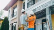 © The Little Hut - Team of construction experts choosing house exterior paint color outdoors : Generative AI