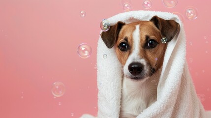 Poster - Dog wrapped in a towel with bubbles on pink background