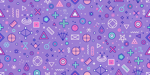 variety of colorful geometric shapes and abstract symbols are scattered on the purple background,cre