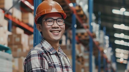 Poster - Portrait of smiling asian engineer foreman in helmets man order details checking goods and supplies on shelves with goods background in warehouselogistic and business export : Generative AI
