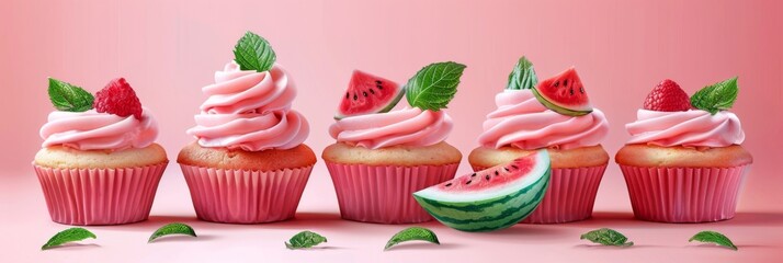 National Watermelon Day. Watermelon cupcakes decorated watermelon slices on a pink background. Horizontal poster, banner, card, background. Free space for text