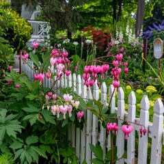 Wall Mural - A white picket fence with pink and white flowers growing on it