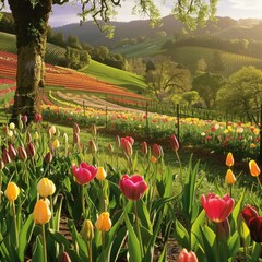 Poster - A field of flowers with a tree in the background