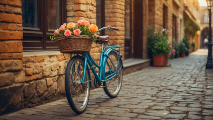 Wall Mural - Beautiful retro bicycle with a basket of flowers on an ancient street mediterranean