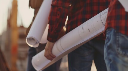 Aufkleber - American builders holding blueprints ready to work on site : Generative AI