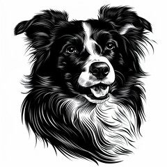 A black and white drawing of a Border Collie dog