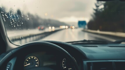 Aufkleber - Driving the car on the highway during heavy rain View from the front window toward the road Windscreen full of blurry rain drops : Generative AI