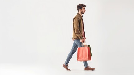 Full length profile shot of a guy carrying grocery bags and walking isolated on white background : Generative AI