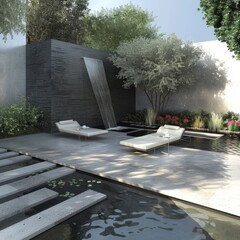 Sticker - A beautiful garden with a white fountain and two white lounge chairs