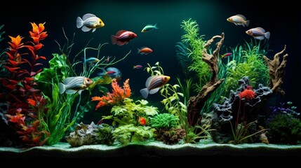 Colorful fish swim through a planted aquarium