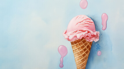 Canvas Print - Refreshing pink ice cream cone melting against a blue background, perfect for summer or National Ice Cream Day