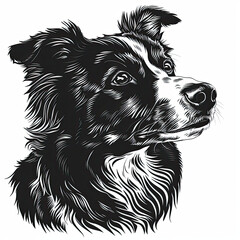 A black and white drawing of a Border Collie dog