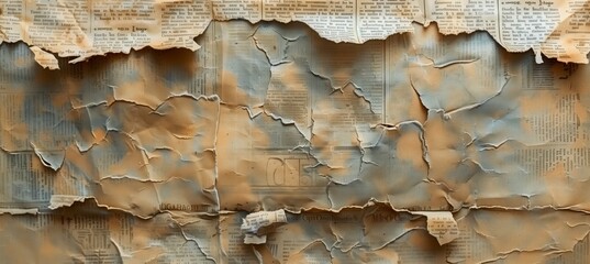 Wall Mural - A background of aged, torn newspaper with faded text and intricate patterns