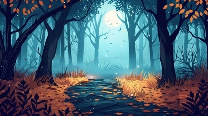 Wall Mural - Haunted Forest Path Halloween Illustration