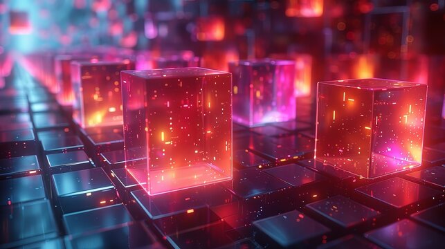 Futuristic glowing cubes on a digital grid, 3d render. Sci-fi and technology concept