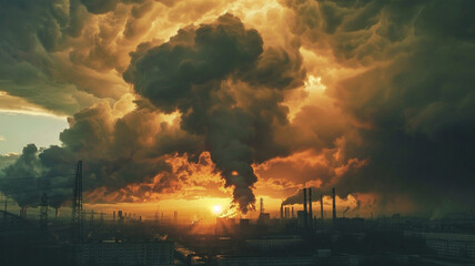 An industrial area with smokestacks against an impressive sky with massive clouds, in dark and warm colors of dawn or dusk.