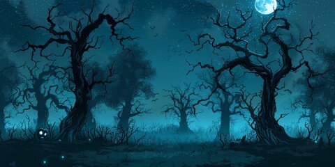 Wall Mural - Mysterious Halloween Night with Creepy Trees Digital Design