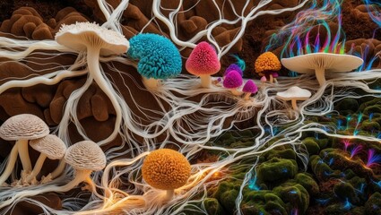 Wall Mural - A close-up photo of vibrant mushrooms with white mycelia glowing in a forest environment