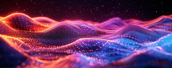 Abstract data visualization background with a colorful gradient and glowing dots on a dark blue wave landscape